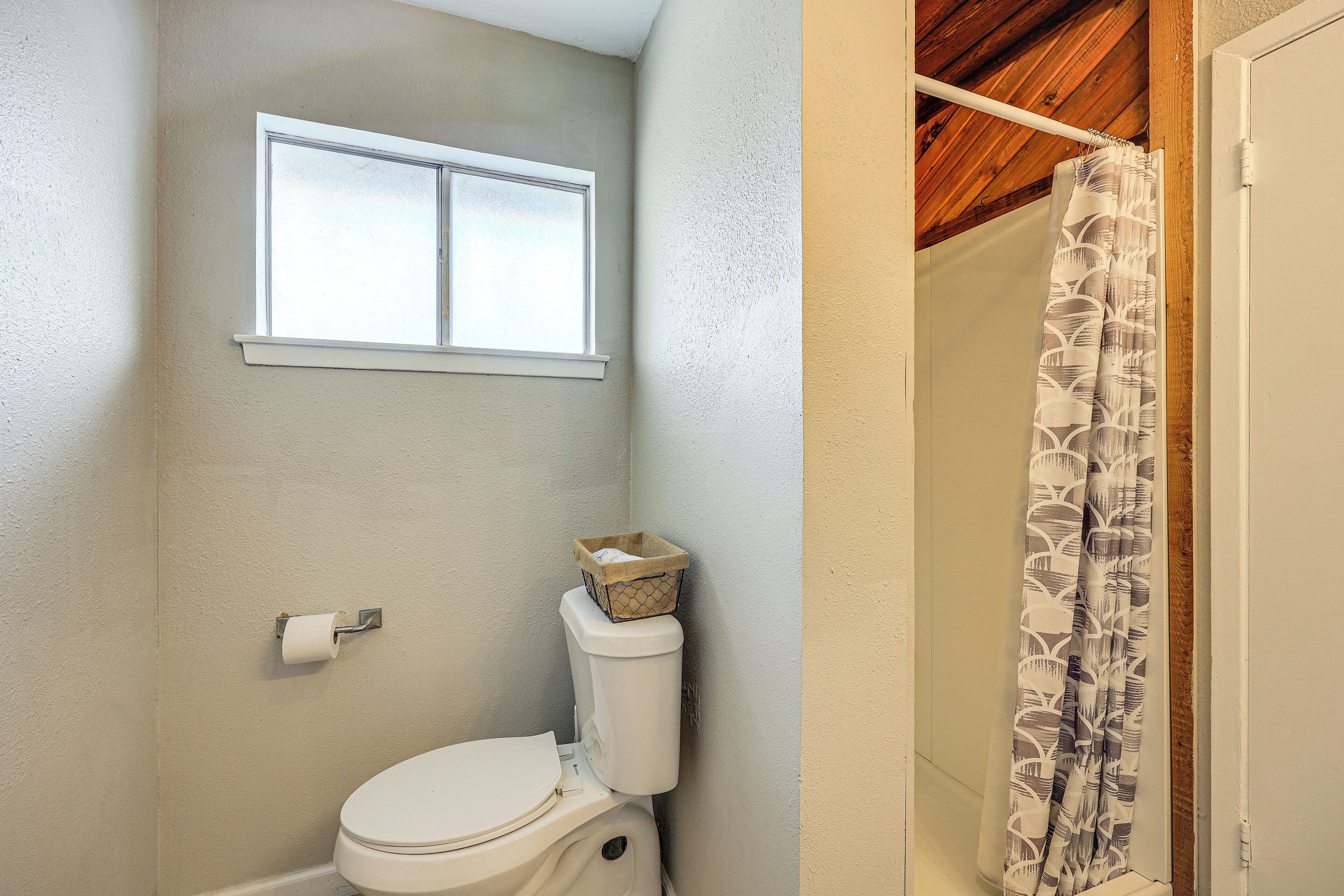 A bathroom with a toilet, a window, and a shower curtain.