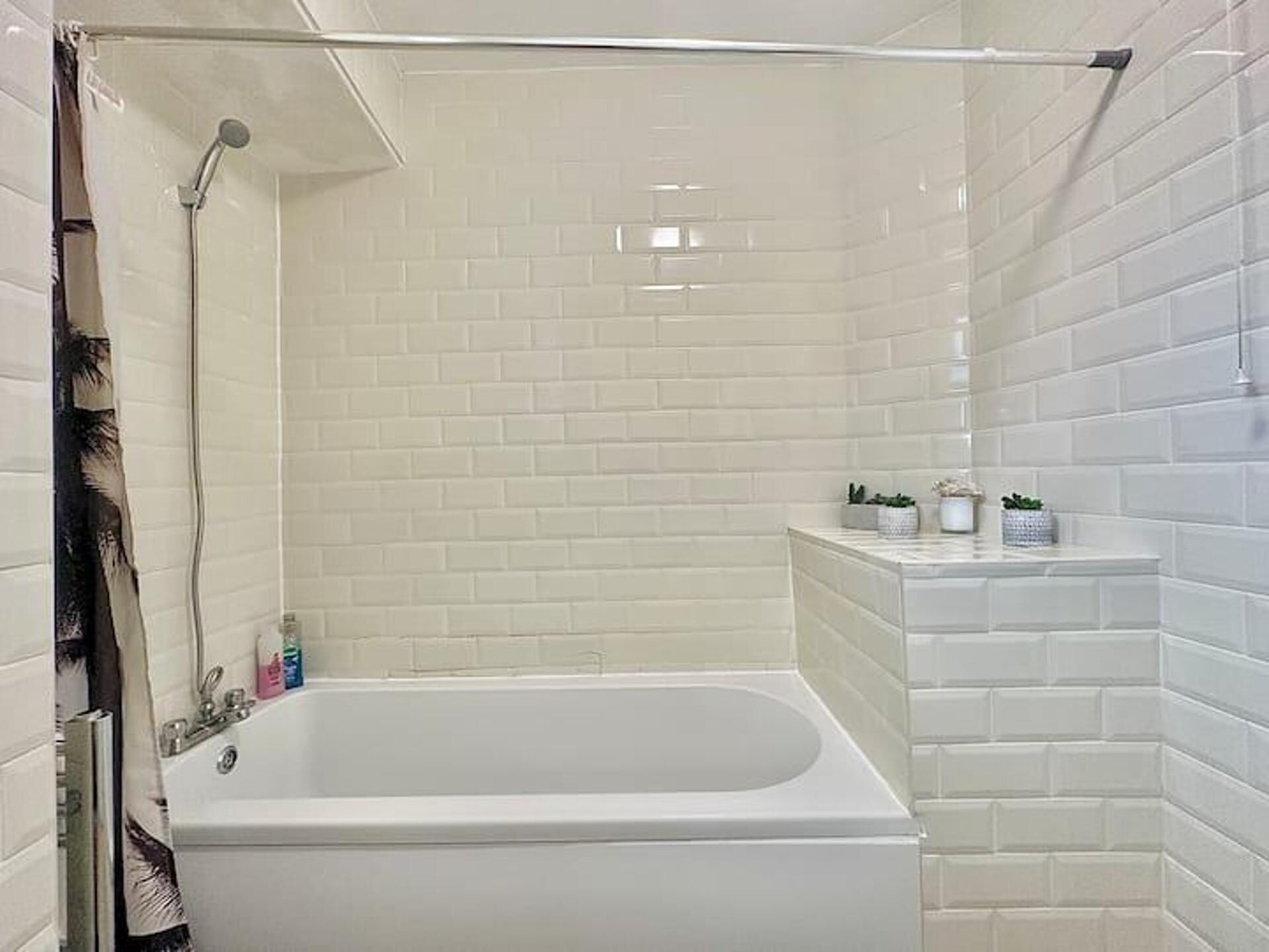 Combined shower/bathtub, deep-soaking bathtub, hair dryer, towels