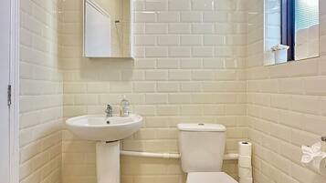 Combined shower/bathtub, deep-soaking bathtub, hair dryer, towels