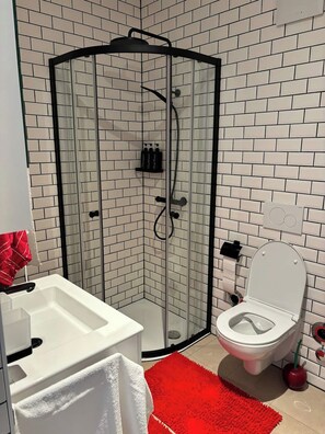 Dusche, Haartrockner, Handtücher, Seife