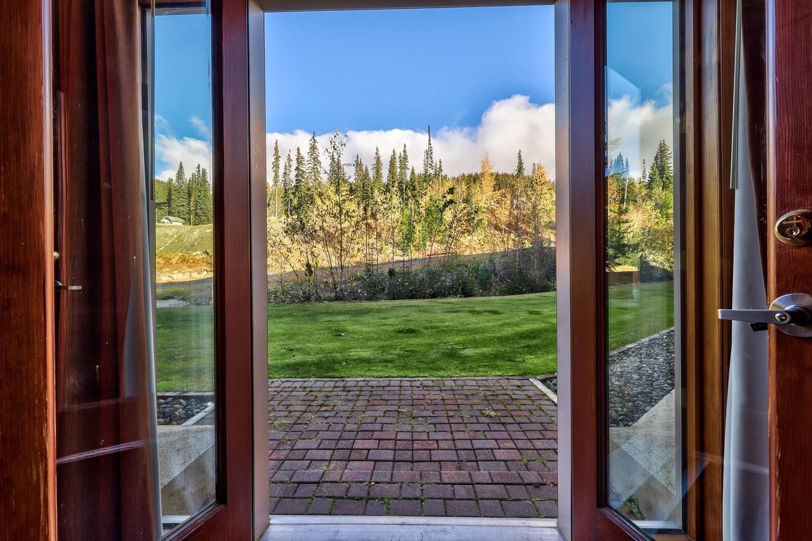 A wooden door leading to a paved area with a view of a forest and a grassy field.