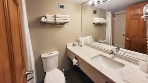 A bathroom with a toilet, sink, and towel rack. - Cahilty #345 Hotel Room (Sun Peaks)