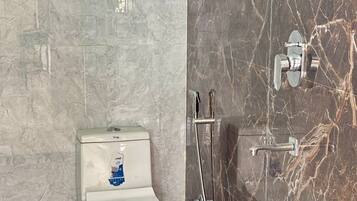 Dusj, hårføner, håndklær og toalettpapir