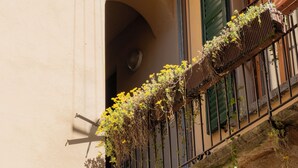 En balkon med jerngitter, et vindue med grønne skodder og en blomsterkasse med planter.