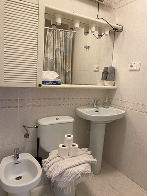 Hårtork, bidé, handdukar och tvål