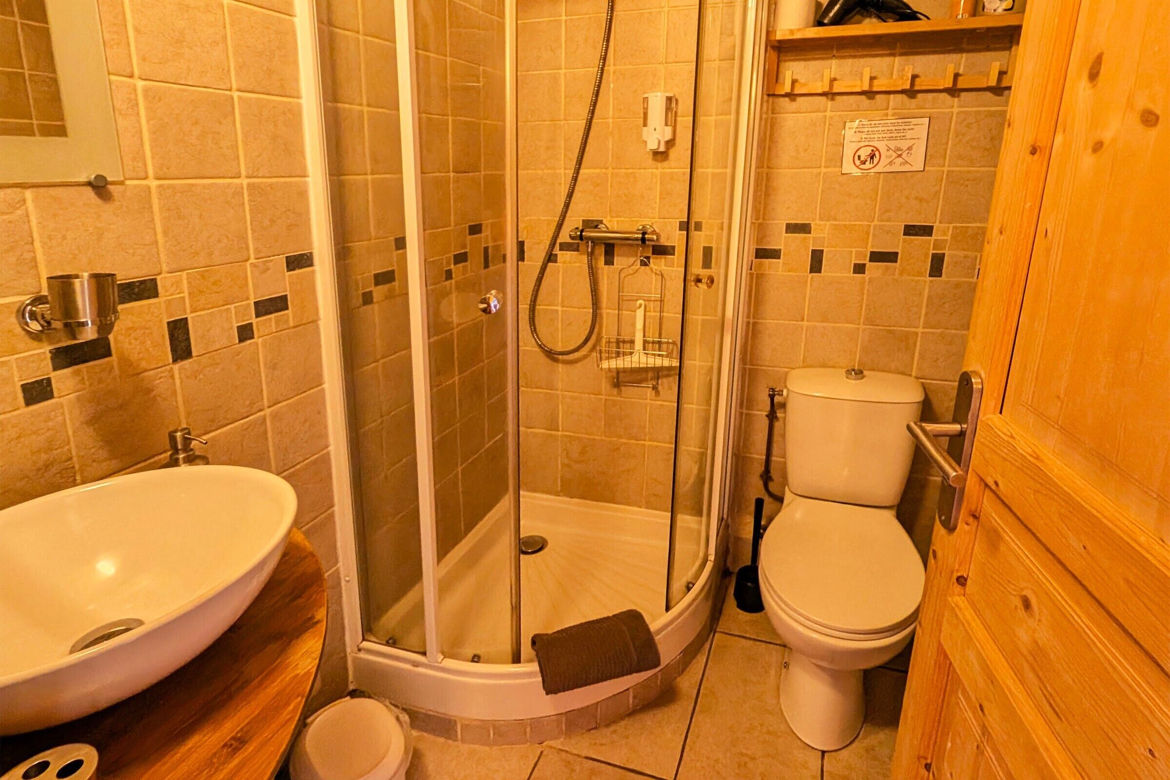A bathroom with a shower, toilet, sink, and a wooden cabinet.