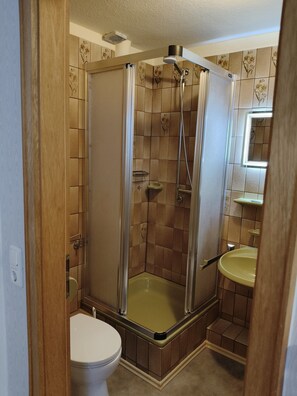 Shower, towels - Room 'Doppelzimmer 5' with Mountain View and WiFi (Diemelsee)