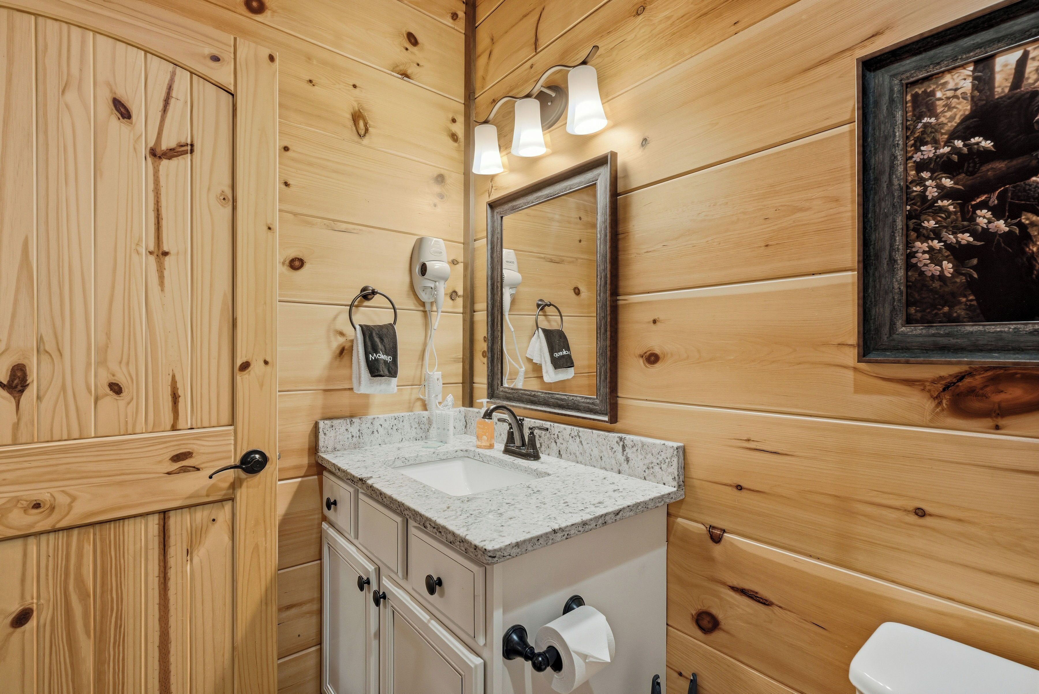 A wooden-paneled bathroom with a granite countertop sink, a mirror, and a framed picture on the wall.