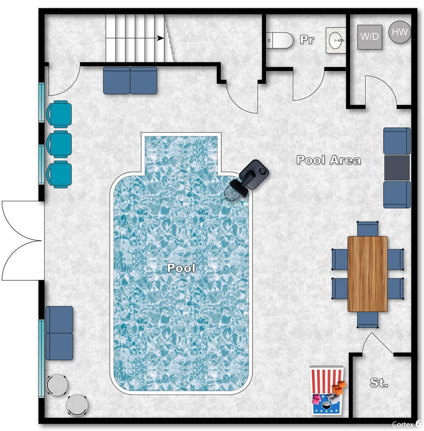 A pool area with a pool, seating around the pool, a table with chairs, and a small area labeled 'St.'