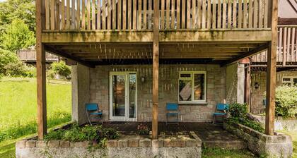 Comfy Valley Lodge with pool access at Honicombe Holiday park