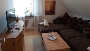 Un salon avec un canapé, une table basse, un téléviseur et un radiateur.
