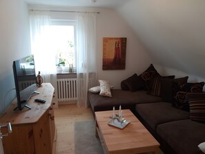 Un salon avec un canapé, une table basse, un téléviseur et un radiateur.