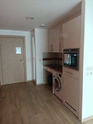 A compact kitchen with a washing machine, a microwave, and a sink. - Appart One Chambéry (Chambéry)