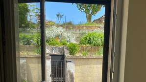 Una vista attraverso un'anta vetrata su un cortile con pavimento in pietra, un muro in pietra e piante.