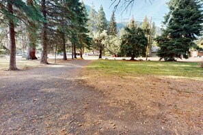 Um parque com uma trilha de terra, árvores e uma área gramada.