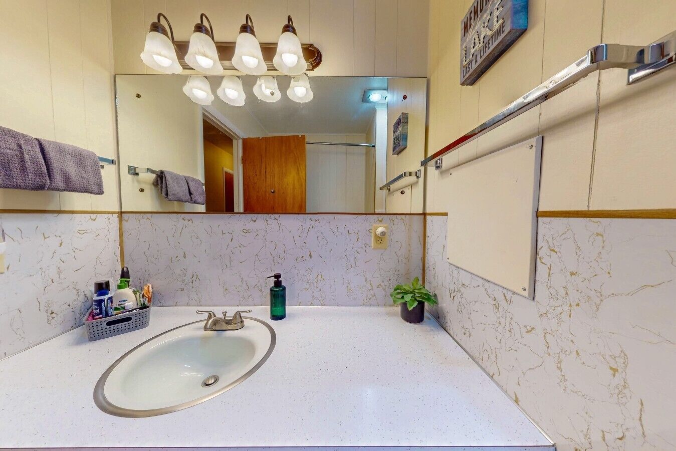 A bathroom with a white sink, a mirror, a towel rack, a shower, and a potted plant.