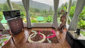 A room with a large window, a wooden floor, a TV on a wooden cabinet, and a decorative rug.