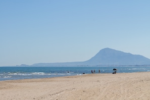 A beach with a mountain in the background, a few people, and a dog.