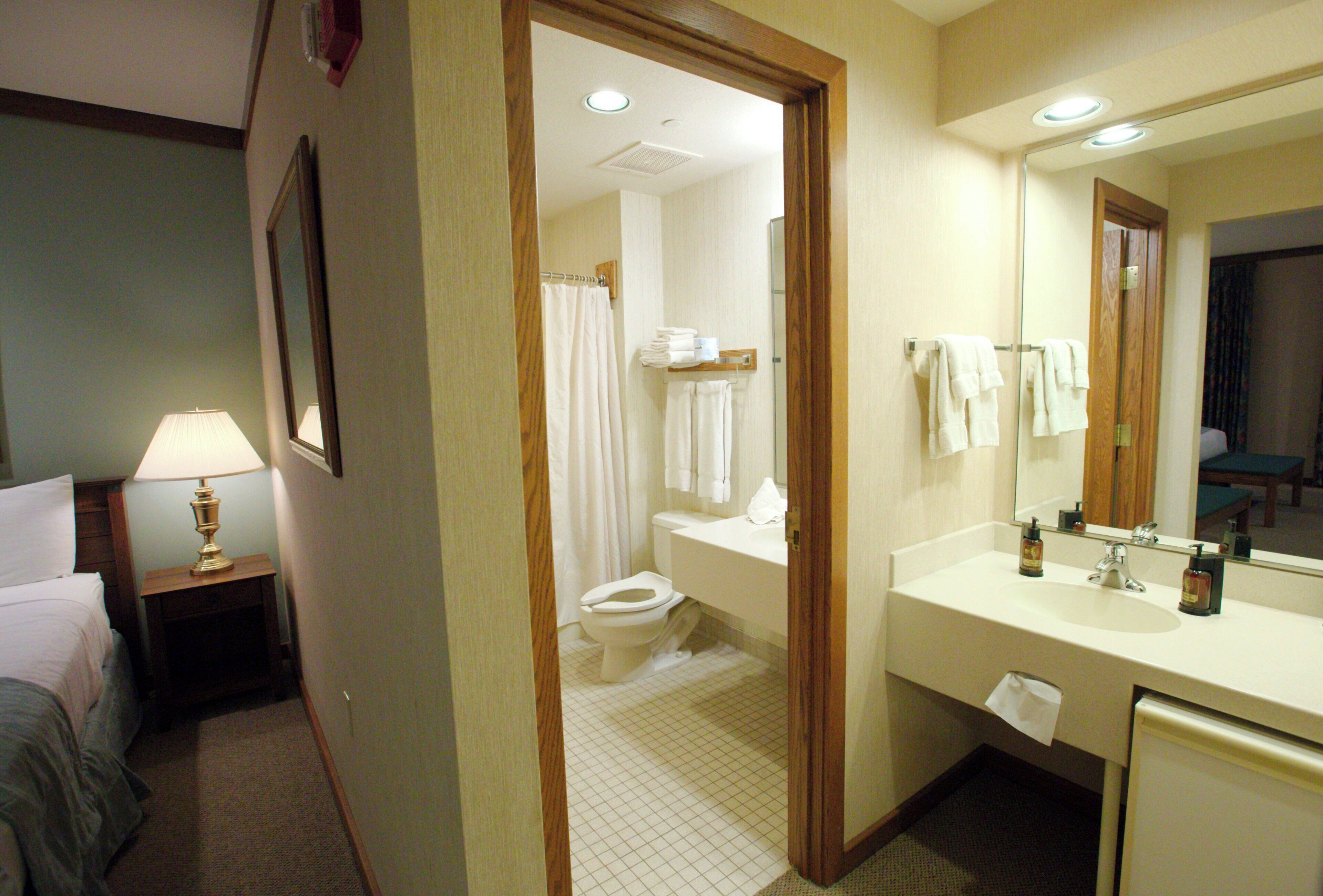 A hotel bathroom with a toilet, sink, mirror, and a shower curtain.