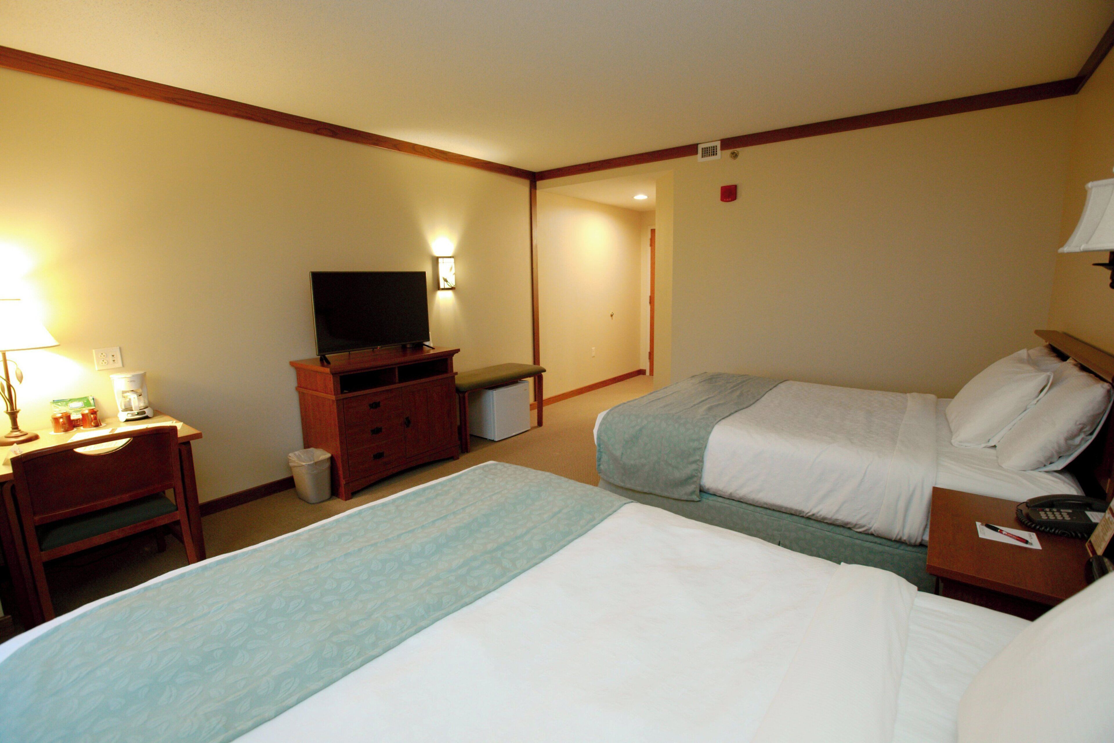 A hotel room with two beds, a television, a desk with a lamp, and a trash can.