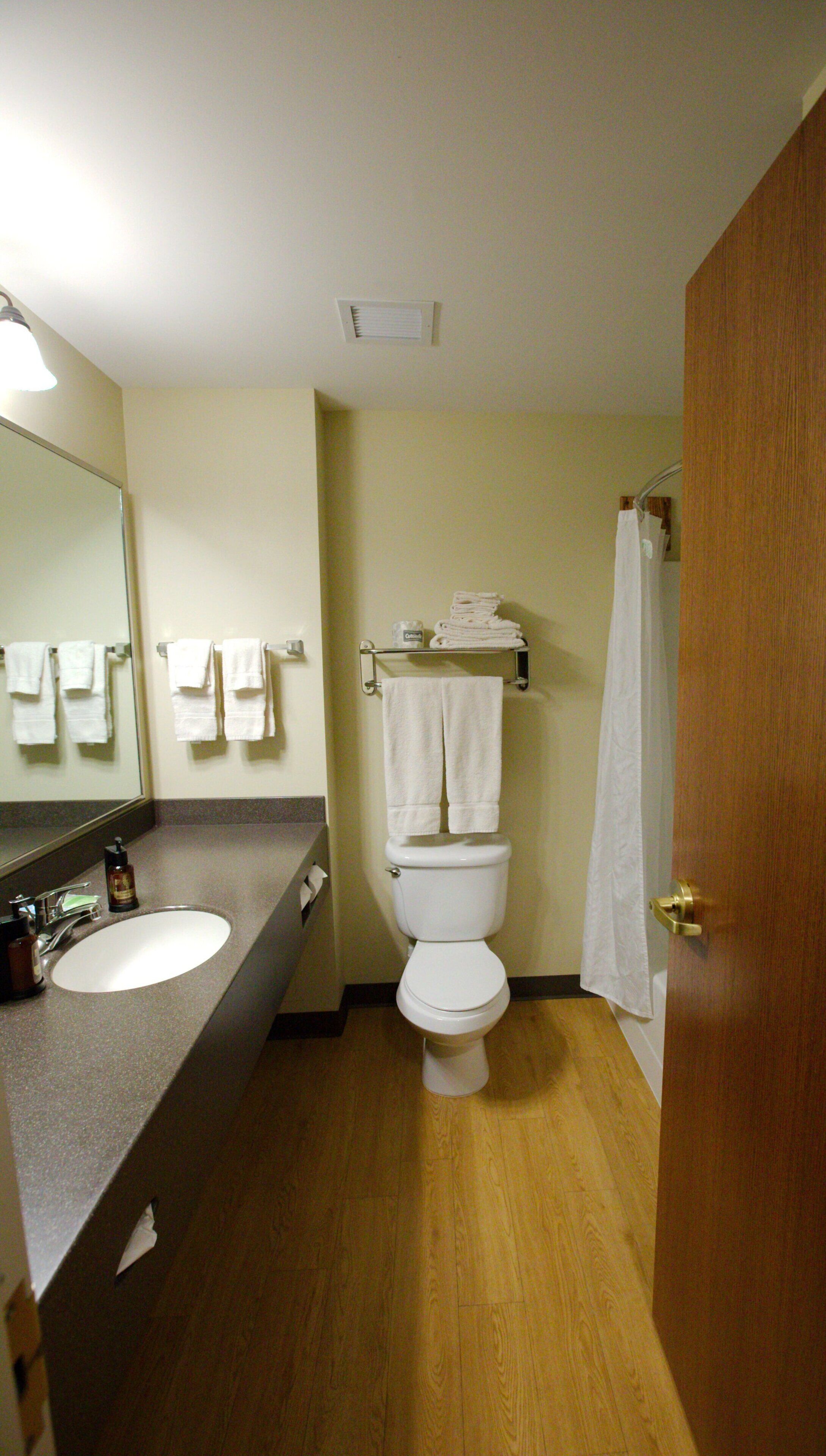 A bathroom with a sink, mirror, toilet, and towel rack.