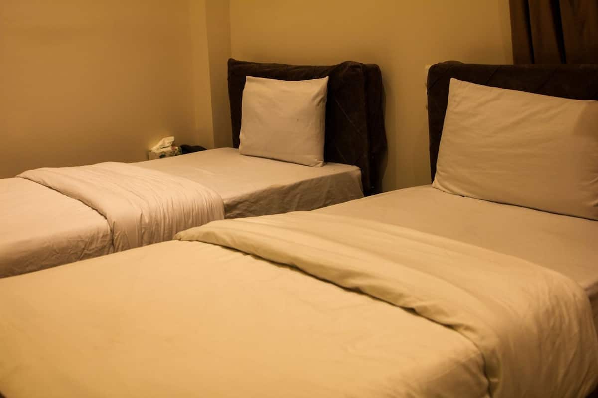 Two single beds with white linens, a nightstand with a phone, and a dark headboard.