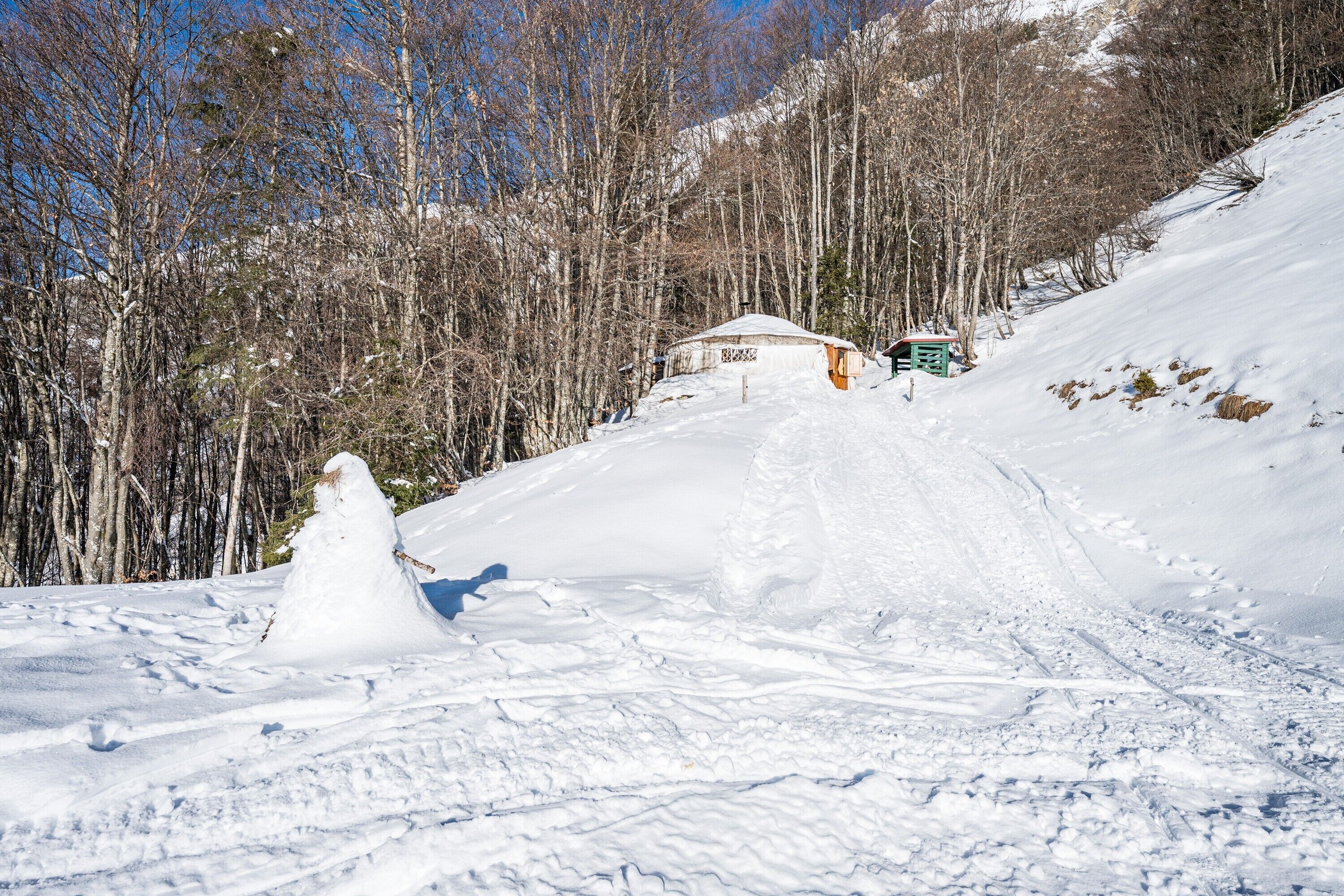Un paysage enneigé avec une cabane, un bonhomme de neige et une colline boisée.