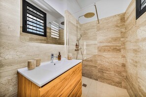 Ducha, secador de pelo y toallas
