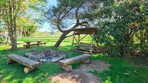 A rustic outdoor setting with a fire pit, wooden benches, and a covered seating area.