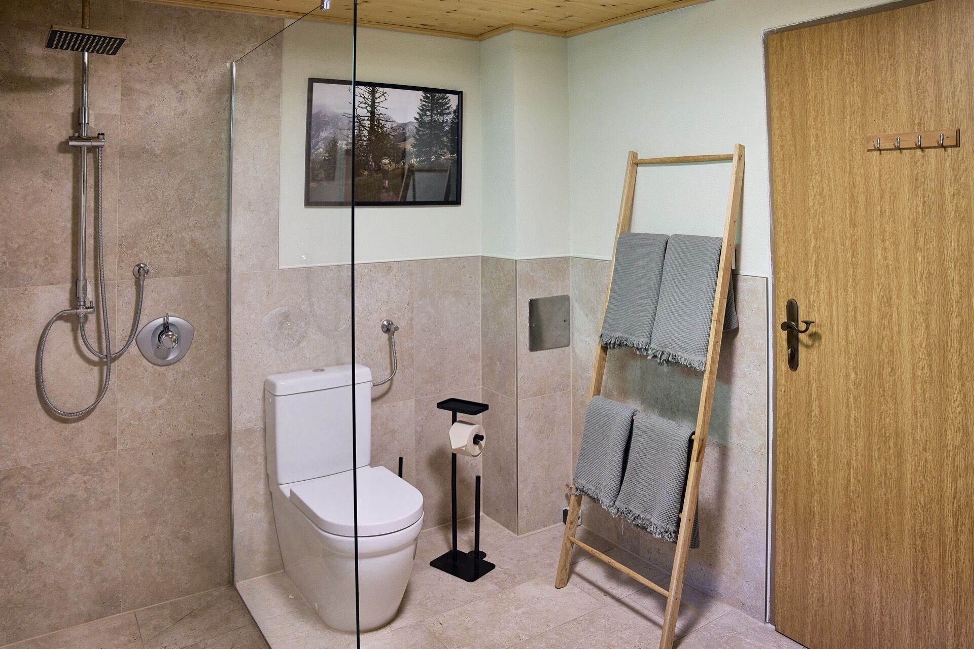Shower, towels, soap, toilet paper