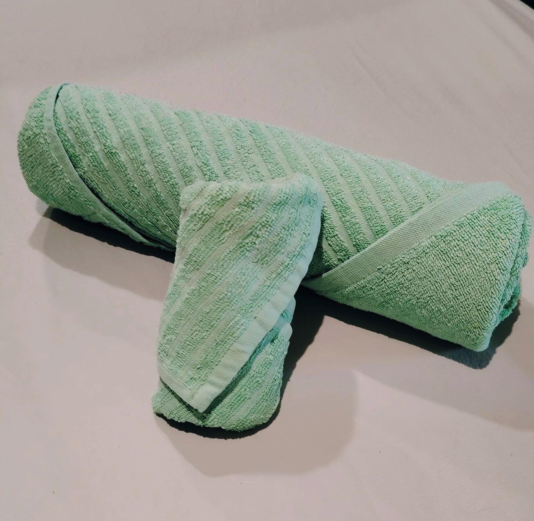 A rolled-up green towel on a flat surface.