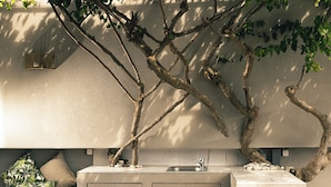 Una cocina moderna con un lavamanos integrado, armarios y una rama de árbol incorporada al diseño.