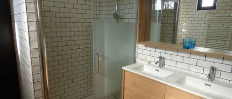 Shower, towels, toilet paper