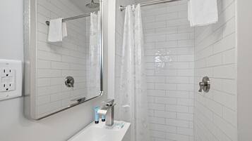 Shower, towels, soap, shampoo