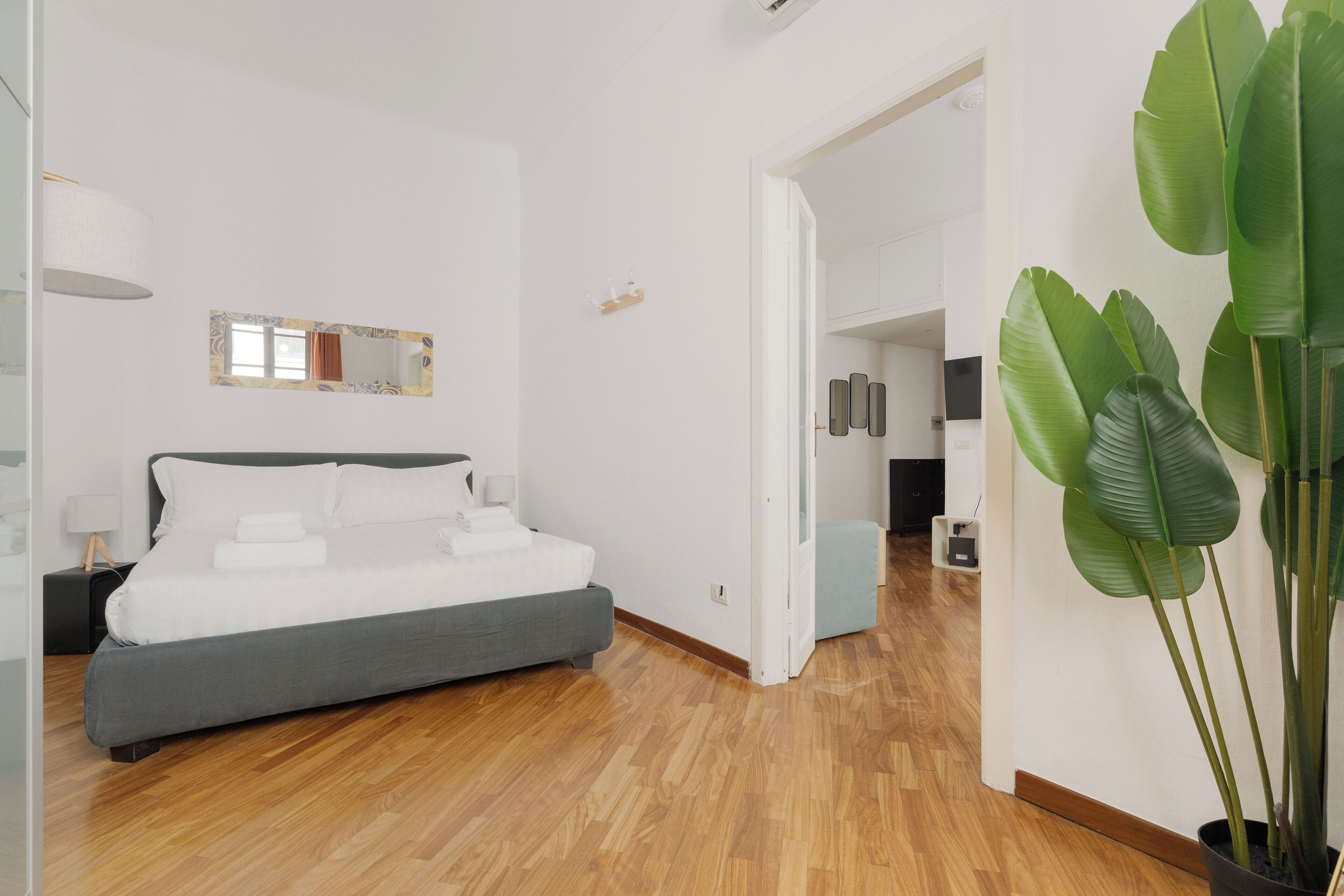 A modern bedroom with a bed, bedside table, lamp, and a large green plant.