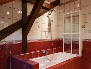 Shower, hair dryer, towels - Apartment 'Gîte Les Collines' with Mountain View, Private Terrace and Wi-Fi (Maisonsgoutte)