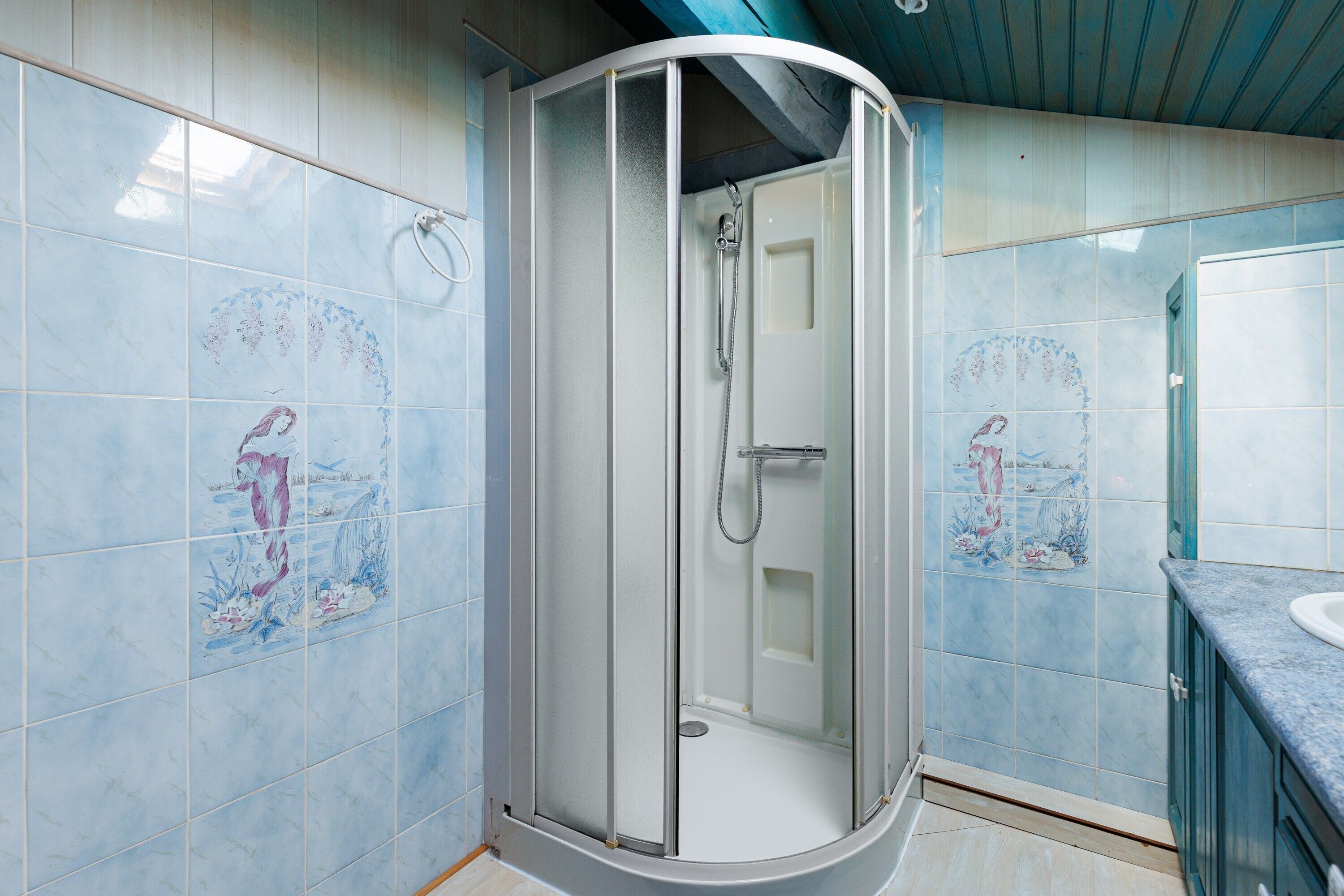 Une salle de bain dotée d’une douche à parois de verre, de murs carrelés ornés de motifs floraux et d’un lavabo avec un plan de travail.