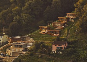 A hillside property with multiple wooden cabins and a main house.