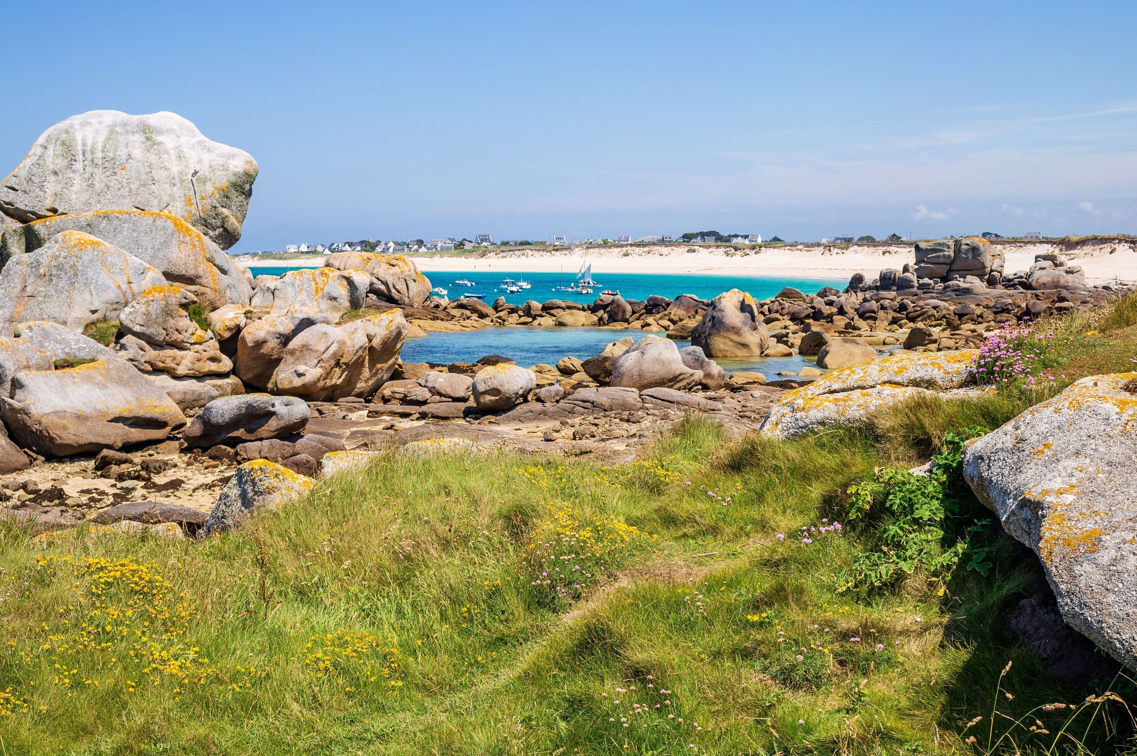 Discover the stunning coastal landscape with vibrant flora and rocky formations leading to clear turquoise waters at Saint-Gildas-de-Rhuys.