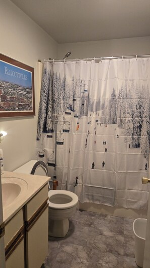 Ein Badezimmer mit Toilette, Waschbecken und einer Duschvorhang mit einer verschneiten Berglandschaft.
