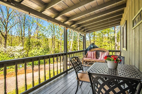 A covered porch with a table and chairs, a wicker sofa, and a potted plant. - Secluded Franklin Cabin with Mountain Views (Franklin)