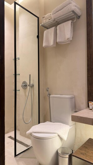 Regadera, secadora de cabello, pantuflas, toallas 