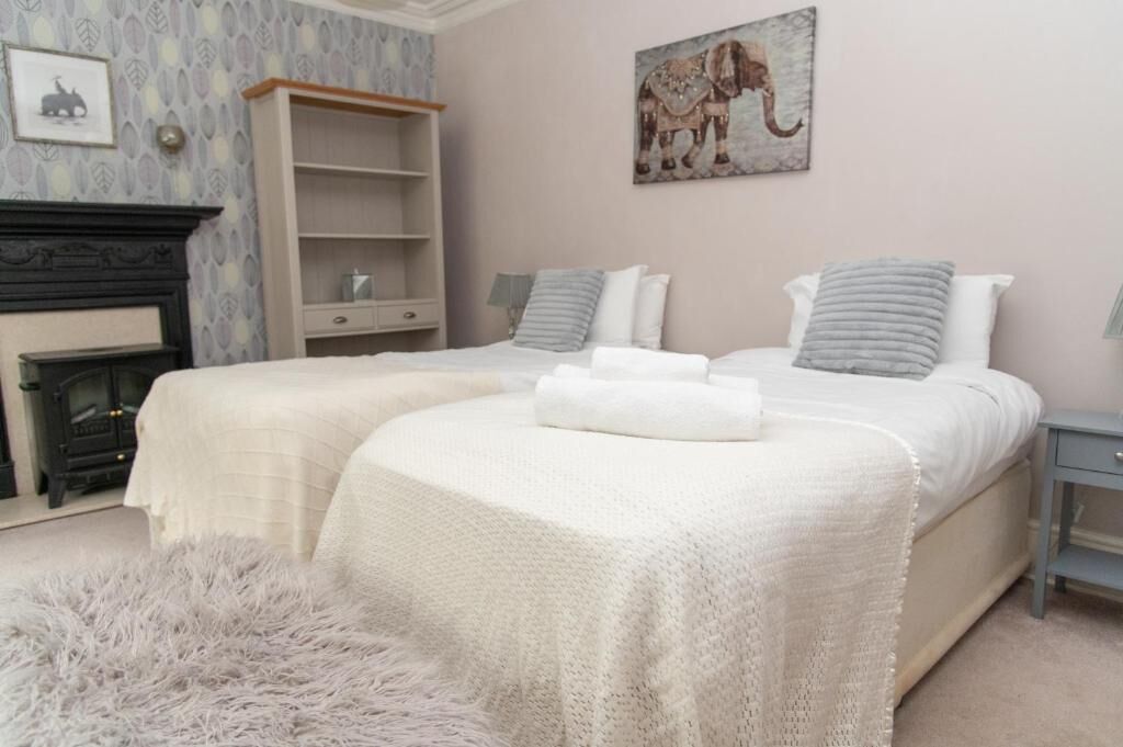 Un dormitorio con dos camas, una chimenea, una estantería y un cuadro en la pared.