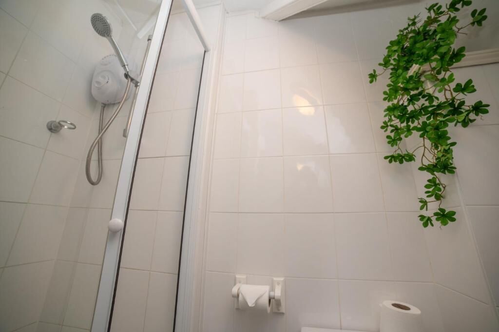 A bathroom with white tiles, a shower with a handheld showerhead, a toilet, and a potted plant.