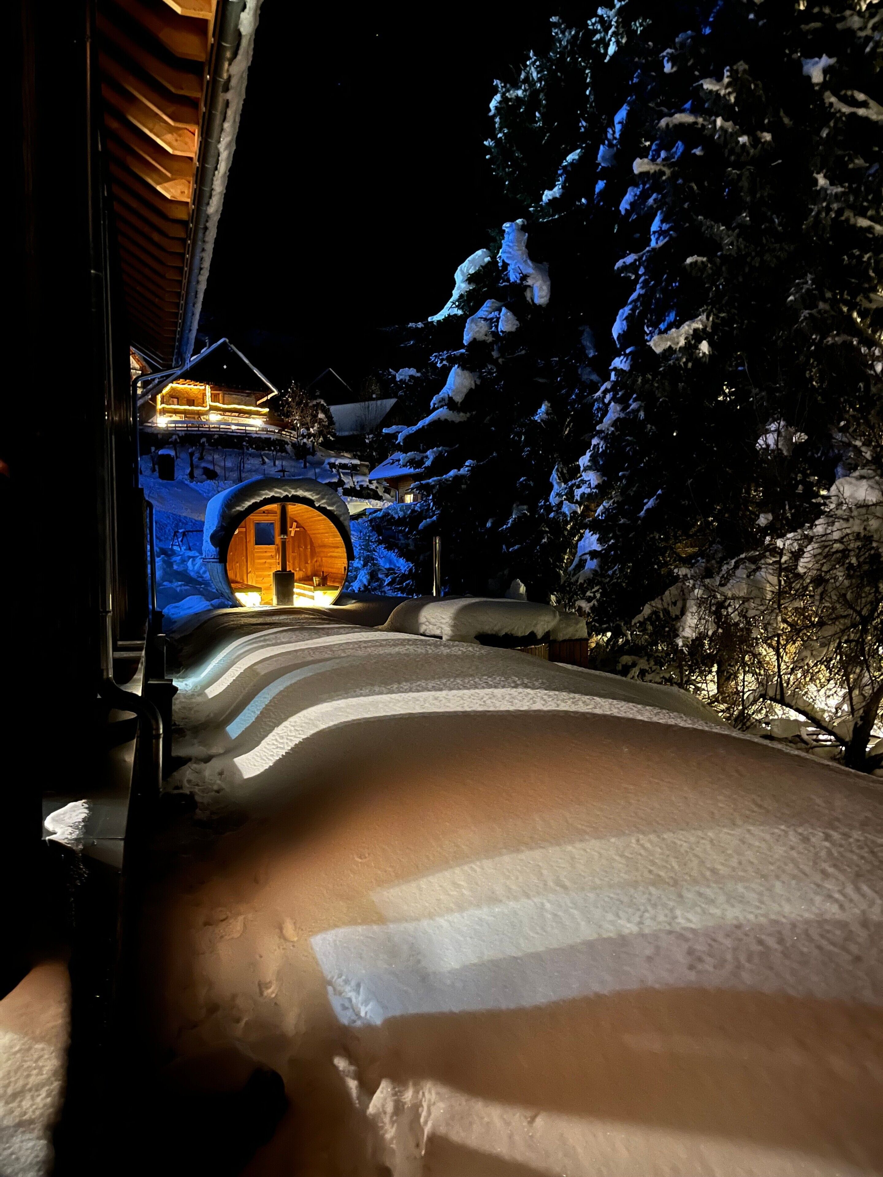 A snow-covered path leading to a building with a lit entrance.