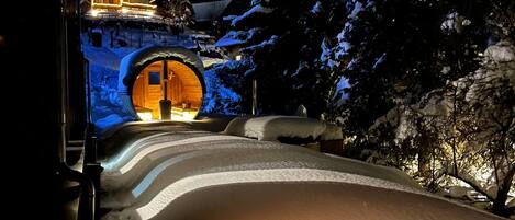 A snow-covered path leading to a building with a lit entrance.