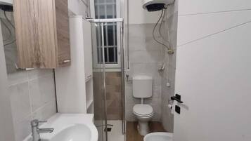 Shower, bidet, towels, soap