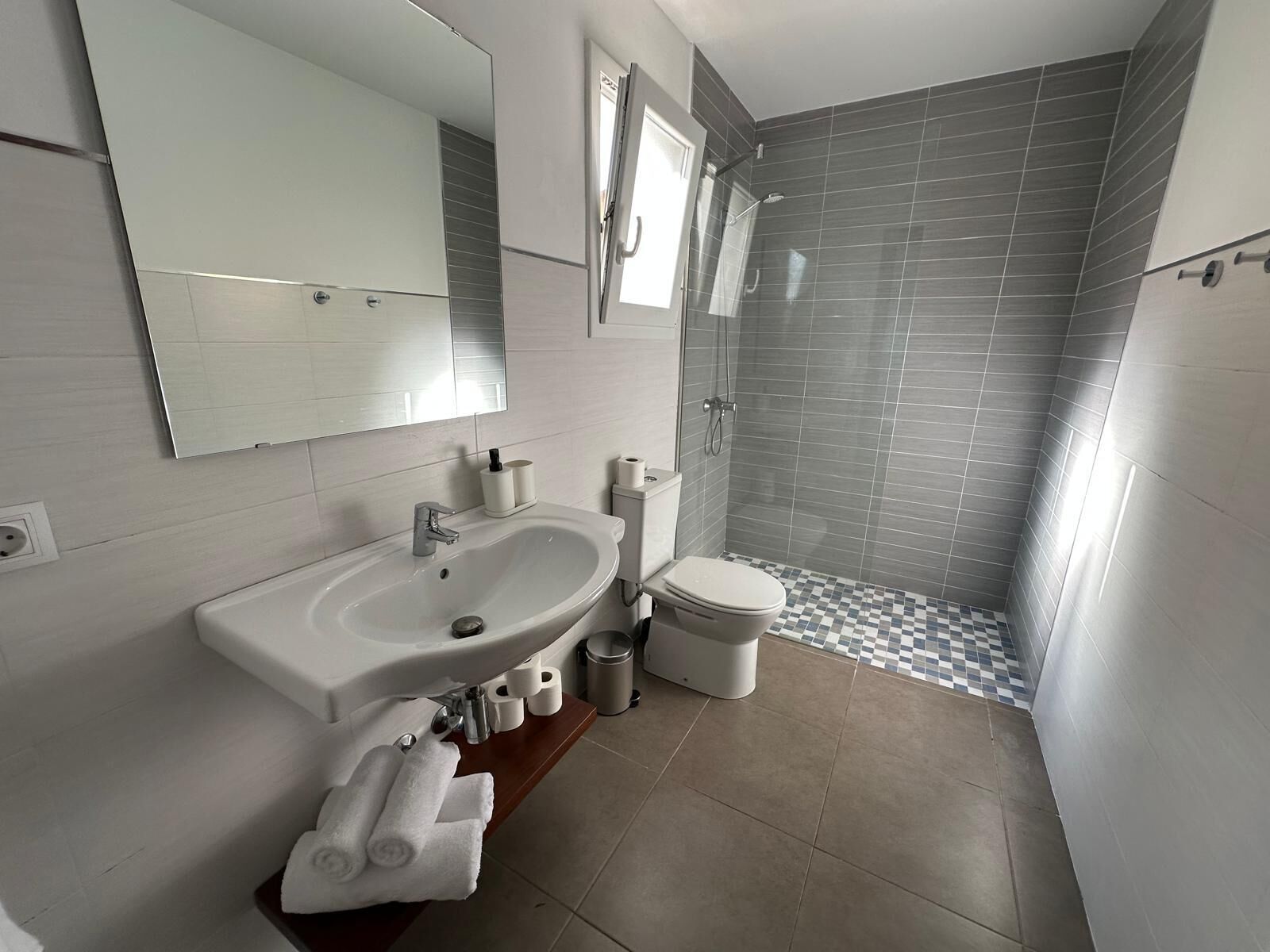 Hair dryer, towels, toilet paper