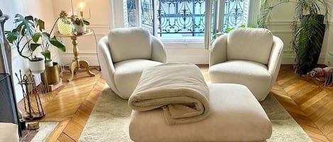 Smart TV, fireplace, books, video library