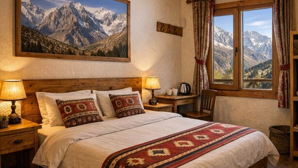 Um quarto aconchegante com uma cama de madeira, duas luminárias de cabeceira, vista para montanhas pela janela e um quadro grande de montanhas na parede.